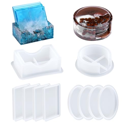 EPODA Untersetzerform Epoxidharz Formen mit Halter, 8 Stück Silikonform Untersetzer Epoxidharz, DIY Untersetzer Silikon Formen Gießformen (Rund Quadrat) von EPODA