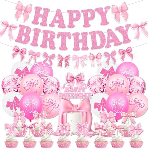 Pinke Geburtstagsdeko Komplettset - Happy Birthday Girlande & Luftballons mit Schleifen - Cupcake Deko - Für Mädchen Mottoparty von EPODA