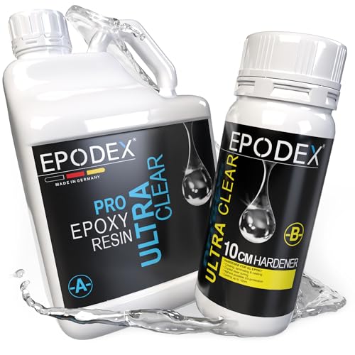 EPODEX Epoxidharz Set PRO MAX | Kristallklares Epoxy Resin für Gießhöhen bis 10cm | Gießharz Set ohne oder mit Farbstoffen | Für River-Tische, Lampen, Projekte mit hohen Form- und Gussteilen von EPODEX