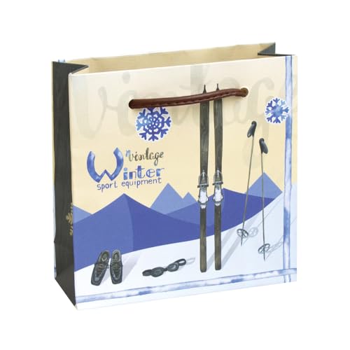 Weihnachtliche Tragetasche mit Motiv - Vintage Winter mit Lederbändern, 25 Stk, 140 x 50 x 140 mm von EPVerpackungen