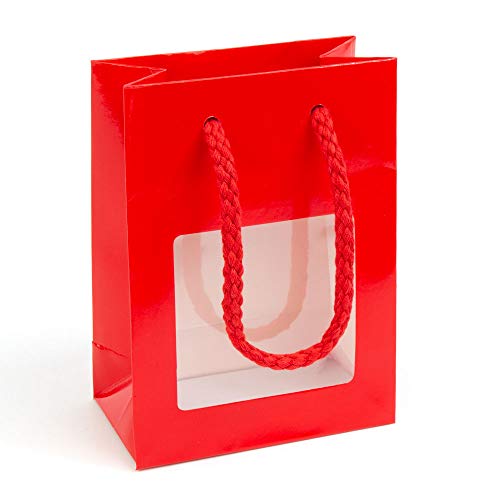 deluxe Geschenktasche mit Textilkordeln und Fenster, 110 x 60 x 150 mm, 12 Stück, rot von EPVerpackungen