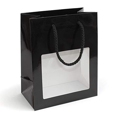 deluxe Geschenktasche mit Textilkordeln und Fenster, 185 x 105 x 230 mm, 12 Stück, schwarz von EPVerpackungen