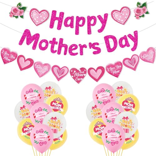 20 Stück Muttertag Luftballons Foto Requisiten Set "Happy Mothers Day" Rosa Banner Aluminiumfolie Ballons Dekorationen Muttertagsparty Fotografie Zubehör für Geburtstag Party Frauen von EPXOIQC