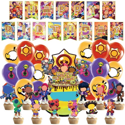32 Stück Video Gaming Geburtstag Party Deko Set Inklusive Wilderness Stars Happy Birthday Banner Games Party Dekoration Luftballons Cupcake Topper Banner Süße Partyzubehör für Kinder von EPXOIQC