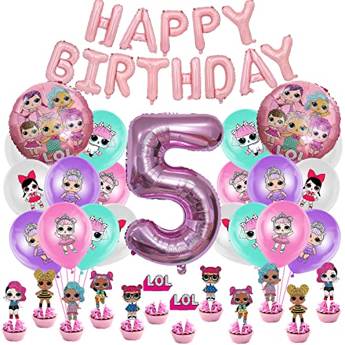 Geburtstag Deko Set 53 Stück,Rosa Nummer 5 Luftballons,Cake Topper,Thema Geburtstag Luftballons,Geburtstags Banner,Kuchen Dekoration,5 Jahre alt Kinder Mädchenn Geburtstag Party von EQCSYDM