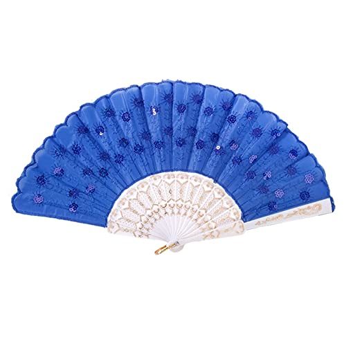 EQEQE Handfächer, faltbar, 3 Stück, Pfauen-Handfächer, Paillettenstoff, Faltbare Fächer, bestickter Blumen-Spitzenbesatz, Stoff, Kunststoff, Handfächer(Blue) von EQEQE