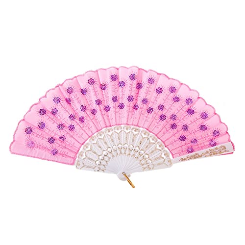 EQEQE Handfächer, faltbar, 3 Stück, Pfauen-Handfächer, Paillettenstoff, Faltbare Fächer, bestickter Blumen-Spitzenbesatz, Stoff, Kunststoff, Handfächer(Pink) von EQEQE