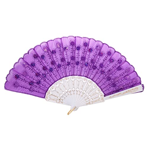 EQEQE Handfächer, faltbar, 3 Stück, Pfauen-Handfächer, Paillettenstoff, Faltbare Fächer, bestickter Blumen-Spitzenbesatz, Stoff, Kunststoff, Handfächer(Purple) von EQEQE