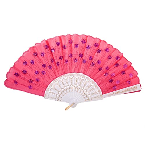 EQEQE Handfächer, faltbar, 3 Stück, Pfauen-Handfächer, Paillettenstoff, Faltbare Fächer, bestickter Blumen-Spitzenbesatz, Stoff, Kunststoff, Handfächer(Rosy) von EQEQE