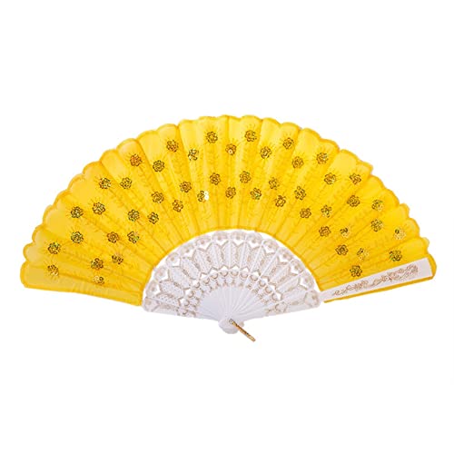 EQEQE Handfächer, faltbar, 3 Stück, Pfauen-Handfächer, Paillettenstoff, Faltbare Fächer, bestickter Blumen-Spitzenbesatz, Stoff, Kunststoff, Handfächer(Yellow) von EQEQE