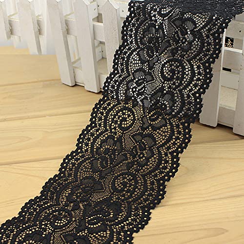 Spitzenband,Deko-Spitzenband,3 Meter Elastizität Spitzenbordüre Spitzenband,10cm Weiße Spitze Blumen Bordüre Dekorative Spitze Dekoband Spitzenstoff(Black,10cm x 5Yard) von EQEQE
