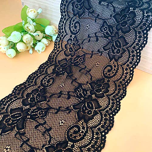 Spitzenband,Deko-Spitzenband,3 Meter Elastizität Spitzenbordüre Spitzenband,10cm Weiße Spitze Blumen Bordüre Dekorative Spitze Dekoband Spitzenstoff(Black,18cm x 3Yard) von EQEQE