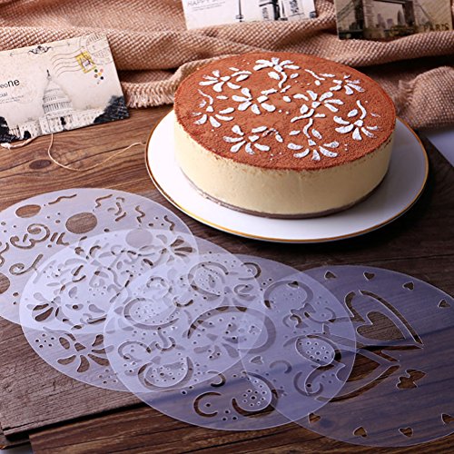 4 Stück Tortenschablonen mit eleganten Blumenmotiven, Kuchen-Schablone alles Gute zum Geburtstag Cup-Kuchen-Schablonen, die Blumen-Schablonen-Kaffeeschablonen (20cm) von EQLEF