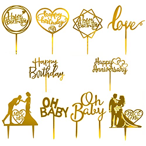 10 Stück Kuchen Topper, Alles Gute zum Geburtstag Kuchen Dekorationen Cupcake Toppers Gold für Geburtstag Hochzeitstag Baby Shower Theme Cake von EQLEF
