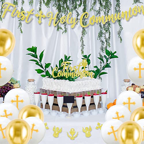 EQLEF Kommunion Deko Set für Jungen und Mädchen: Gold, Weiß - Banner, Wimpelkette, Luftballons, Tortenaufleger - Erstkommunion EQLEF Kommunion Deko Set für Jungen und Mädchen: Gold, Weiß - Banner, Wimpelkette, Luftballons, Tortenaufleger - Erstkommunion von EQLEF