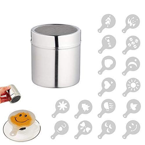 Pulver Streuer, Kaffee Kakao Puder Streuer mit feinem Ineinander greifen, für das Backen u. Kochen mit 16 PC Druckform Schablonen (Mitte) von EQLEF