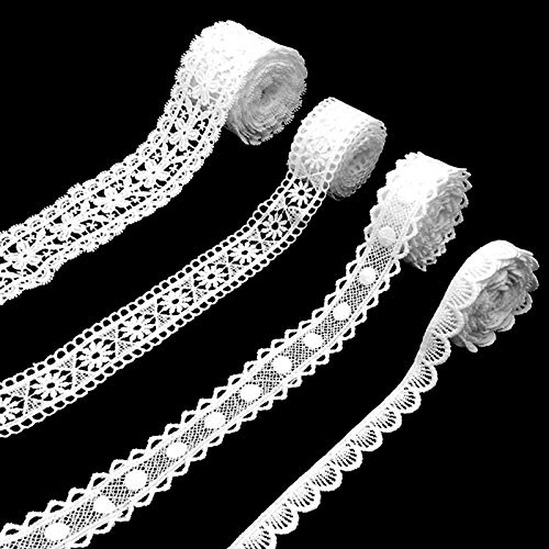 Spitzenband Vintage, Guipure Lace Trim White Crochet Lace Ribbon Sortiertes Muster für Kleidungskleidung DIY 4 Roll 8 Yards von EQLEF