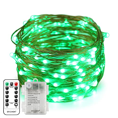 Erchen Batteriebetrieben LED Lichterkette, 33 FT 100 LED 10M dimmbare Kupfer Draht Lichterketten mit Fernbedienung 8 Modi Timer für Innen Außen Weihnachten Party (Grün) von ER CHEN