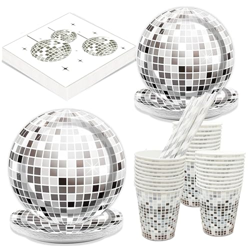 120 Stück Discokugel Partygeschirr Set,Disco 70er 80er Jahre Retro Party Geburtstagsdeko Partygeschirr，Discokugel Pappteller becher Servietten Set Disco Mitzvah Abschlussfeier Dekoration Pappgeschirr von ERAOLIAE