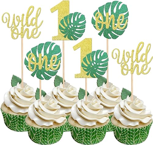 ERBO Wild One Cake Topper, 12 Stück Tortendeko 1. Geburtstag, Tropische Schildkrötenblätter Cupcake Topper, Wild One Geburtstag Deko, Kuchendeko 1. Geburtstag Kindergeburtstag Babyparty Deko von ERBO