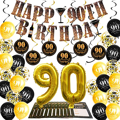 Geburtstag Deko Schwarz Gold Set, Geburtstag Mann Geburtstagsdeko mit Happy Birthday Banner Luftballon Tischkarten PomPom Folienballon Buchstaben 90 für Männer frau 90er Party Deko von ERBO