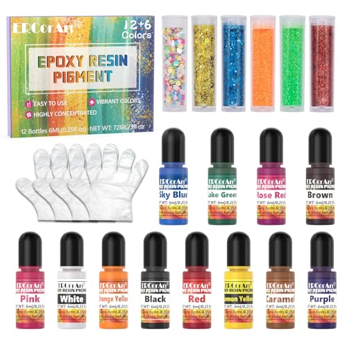 Epoxidharz Farbe - ERCorArt 12 Epoxidharz Farben Flüssiger mit 6 Glitzern, Konzentrierte Epoxidharz Farbe Set füR Epoxy Resin Transparent,DIY Schmuckherstellung, UV Harz, Resin Gießharz - je 6 ml von ERCorArt