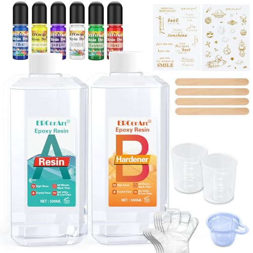 Epoxidharz Set Anfänger 1000ml/33.8oz , Glasklar Kunstharz Gießen Epoxy Resin Gießharz Mit Epoxidharz Farbe, Glitzer, holzstäbchen, Handschuhe, messbecher, für Kunstprojekt, schmuckherstellung von ERCorArt