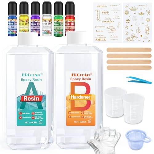 Epoxidharz Set Anfänger 1000ml/33.8oz , Glasklar Kunstharz Gießen Epoxy Resin Gießharz Mit Epoxidharz Farbe, Glitzer, holzstäbchen, Handschuhe, messbecher, für Kunstprojekt, schmuckherstellung von ERCorArt