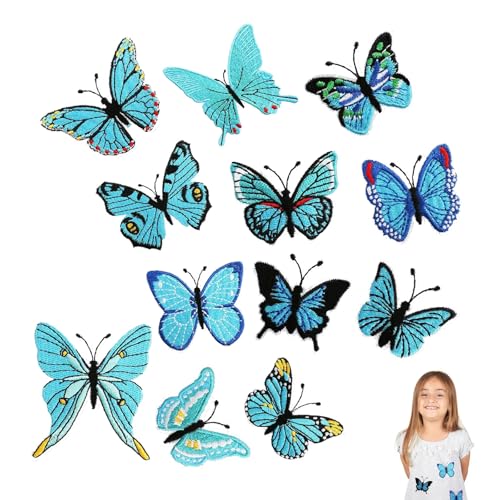 12 Stück Schmetterling Aufnäher, Aufnäher zum Aufbügeln, Flicken zum Aufbügeln, Aufbügel Patches Schmetterling, für Jeans, Jacken, Kinderbekleidung, Tasche, Mützen (Blau) von ERFGT