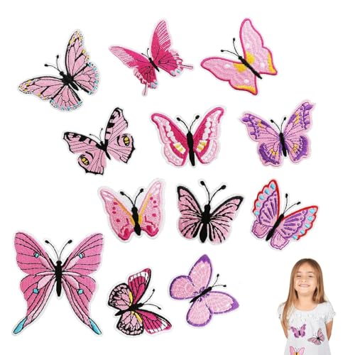 12 Stück Schmetterling Aufnäher, Aufnäher zum Aufbügeln, Flicken zum Aufbügeln, Aufbügel Patches Schmetterling, für Jeans, Jacken, Kinderbekleidung, Tasche, Mützen (Rosa) von ERFGT