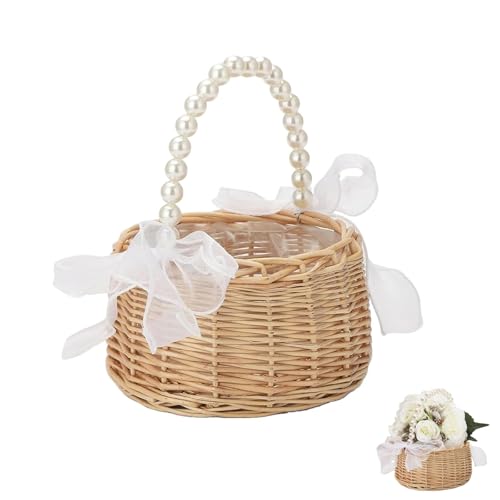Blumenkorb Hochzeit, Blumenkörbe mit Perle Henkle, Streukorb Blumenmädchen, Weidenkorb für Blumen, Geflochtener Blumenkorb, Geflochtener Korb für Hochzeit Tischdeko (16.5 x 20 cm) von ERFGT