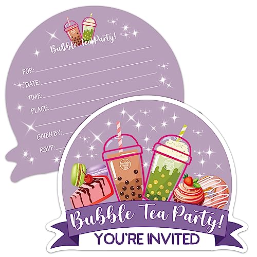 ERHACHAIJIA Einladungskarten mit Umschlägen in Form von Bubble Tea und Desserts, lustige lila Bubble Tea Party, Geburtstag, Boba-Tee-Party-Einladungen für Mädchen und Erwachsene, Bubble Tee-Liebhaber, von ERHACHAIJIA