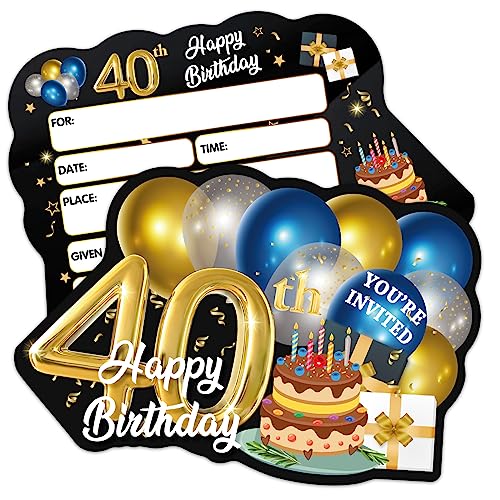 ERHACHAIJIA Einladungskarten zum 40. Geburtstag, Motiv: blaue und goldene Luftballons und Kuchenform, mit Umschlägen, lustige Einladungen zum 40. Geburtstag, für Männer, Ehemann, Vater, 20 Stück von ERHACHAIJIA