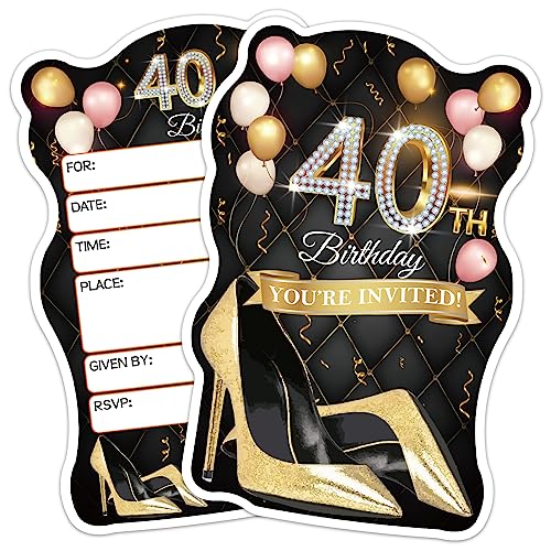 ERHACHAIJIA Einladungskarten zum 40. Geburtstag, Motiv: rosa Luftballons und schwarze goldene High Heels, mit Umschlägen, lustige Einladungen zum 40. Geburtstag, für Frauen, Ehefrau, Mutter, von ERHACHAIJIA