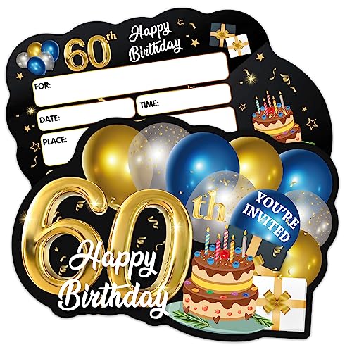 ERHACHAIJIA Einladungskarten zum 60. Geburtstag, Motiv: blaue und goldene Luftballons und Kuchenform, mit Umschlägen, lustige Geburtstagseinladungen zum 60. Geburtstag, für Männer, Ehemann, Vater, 20 von ERHACHAIJIA