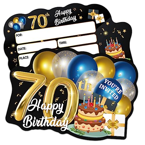 ERHACHAIJIA Einladungskarten zum 70. Geburtstag, Motiv: Luftballons und Kuchenform, mit Umschlägen, 20 Stück, Blau / goldfarben von ERHACHAIJIA