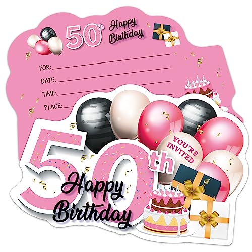 ERHACHAIJIA Einladungskarten zum Ausfüllen in Rosa und Schwarz, goldene Luftballons und Kuchenform, mit Umschlägen, lustige Einladungen zum 50. Geburtstag, Party, 50. Geburtstag, Erwachsene, 20 Stück von ERHACHAIJIA