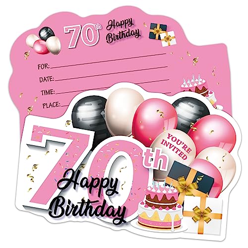 ERHACHAIJIA Einladungskarten zum Ausfüllen in Rosa und Schwarz, goldene Luftballons und Kuchenform, mit Umschlägen, lustige Einladungen zum 70. Geburtstag, Party, 70. Geburtstag, Erwachsene, 20 Stück von ERHACHAIJIA