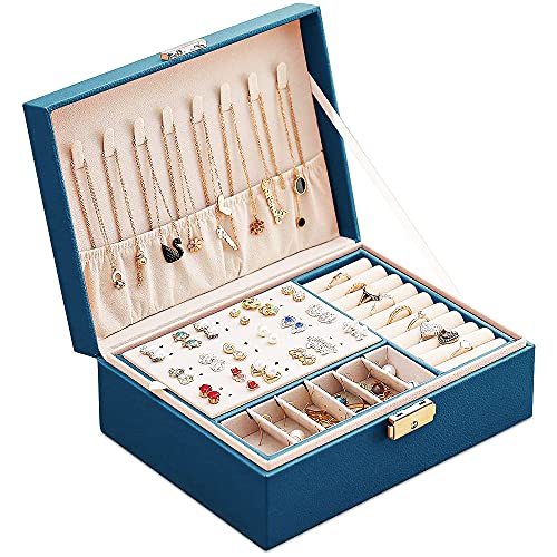 Schmuckschatulle Organizer, Schmuck Aufbewahrungskoffer, Abschließbare Damen Schmuckschatulle, PU Leder Schmuck Aufbewahrungskoffer, Schmuckschatulle 2 Schicht, für Ringe, Ohrringe, Halsketten(Grün) von WEIWUXIAN