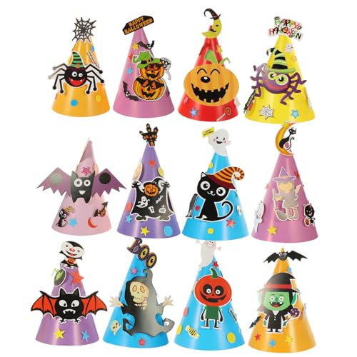 ERINGOGO 12 Stück Teiliges Halloween DIY Papierhut mit Kreativen Cartoon Motiven Kinderfreundlich Dekorativ Halloween Partygeschenk Geeignet Fördert Bastelfähigkeiten und Festliche Stimmung von ERINGOGO