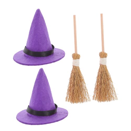 ERINGOGO 2 Sätze Halloween Mini Hexenhut und Besen Teilig Kleine Handgefertigte Puppenhaus Deko mit Lebhaften Farben Detailreiche Mini Hexenhüte für Bastelprojekte und Miniatur von ERINGOGO