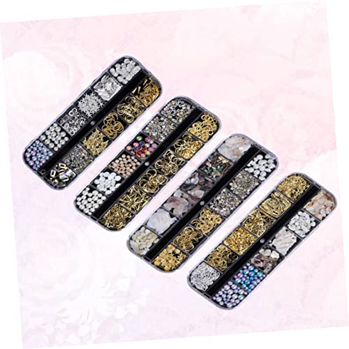 ERINGOGO 4 Sätze Teiliges Nagelkunst Set mit Fächern Bunte Metall Nagelstuds Perlen Strasssteine und Muscheldekorationen DIY Nagelkunst Zubehör für Natürliche und Künstliche Nägel von ERINGOGO