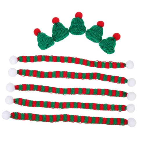 ERINGOGO 5 Sätze Mini Wollmützen und Schals für Weinflaschen Weihnachtsflaschen Deko mit Grüner Mütze und Schal Filigrane Flaschenüberzüge für Festliche Tischdekoration und Partyaccessoires von ERINGOGO