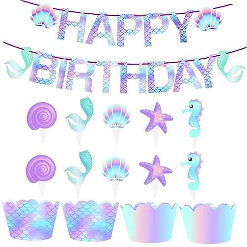 ERINGOGO 51 Stück Teiliges Meerjungfrau Kuchen Dekorationsset mit Cupcake Wrappers und Banner Bunte Meerjungfrau Muffin Hüllen und Tortenstecker für Geburtstags und Themenpartys Vielseitig von ERINGOGO