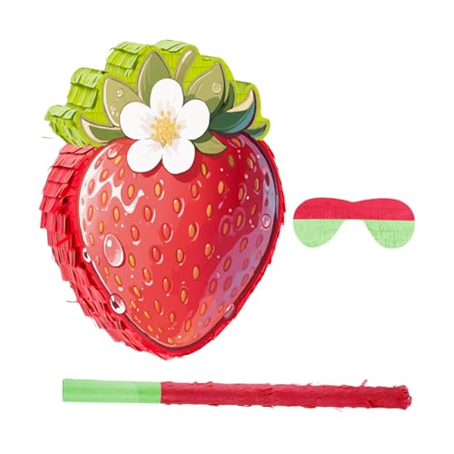 ERINGOGO Erdbeer-piñata aus Karton mit Krepppapier Robuste Sommerparty-deko Inklusive Schlagstab Augenmaske und Konfetti Vielseitiges Geburtstags Kinderfest-zubehör für Erdbeer-mottoparty von ERINGOGO
