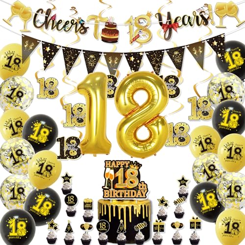 ERMWALR 18. Geburtstags-Dekorationsset für Männer und Frauen, schwarzgoldene Luftballons zum 18. Geburtstag mit Banner-Dreiecksflagge, Konfetti und Folienballons für Geburtstagsfeier (18.) von ERMWALR