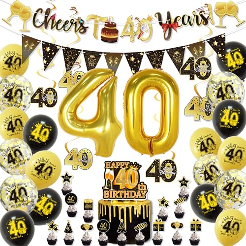 ERMWALR 40. Geburtstags-Dekorationsset für Männer und Frauen, schwarzgoldene Luftballons zum 40. Geburtstag mit Banner-Dreiecksflagge, Konfetti und Folienballons für Geburtstagsfeier (40.) von ERMWALR