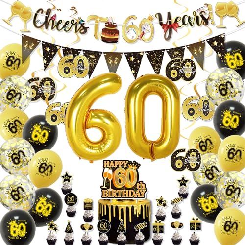ERMWALR 60. Geburtstags-Dekorationsset für Männer und Frauen, schwarzgoldene Luftballons zum 60. Geburtstag mit Banner-Dreiecksflagge, Konfetti und Folienballons für Geburtstagsfeier (60.) von ERMWALR