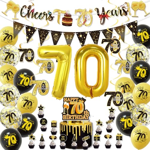 ERMWALR 70. Geburtstags-Dekorationsset für Männer und Frauen, schwarzgoldene Luftballons zum 70. Geburtstag mit Banner-Dreiecksflagge, Konfetti und Folienballons für Geburtstagsfeier (70.) von ERMWALR