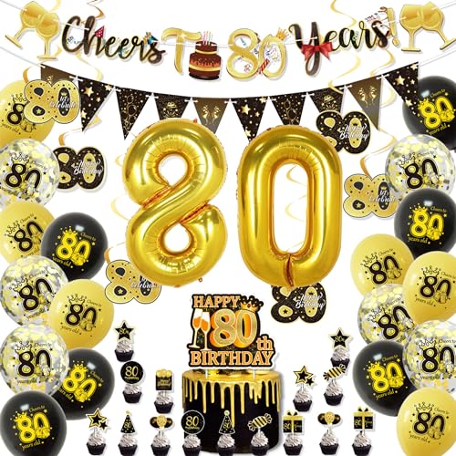 ERMWALR 80. Geburtstags-Dekorationsset für Männer und Frauen, schwarzgoldene Luftballons zum 80. Geburtstag mit Banner-Dreiecksflagge, Konfetti und Folienballons für Geburtstagsfeier (80.) von ERMWALR